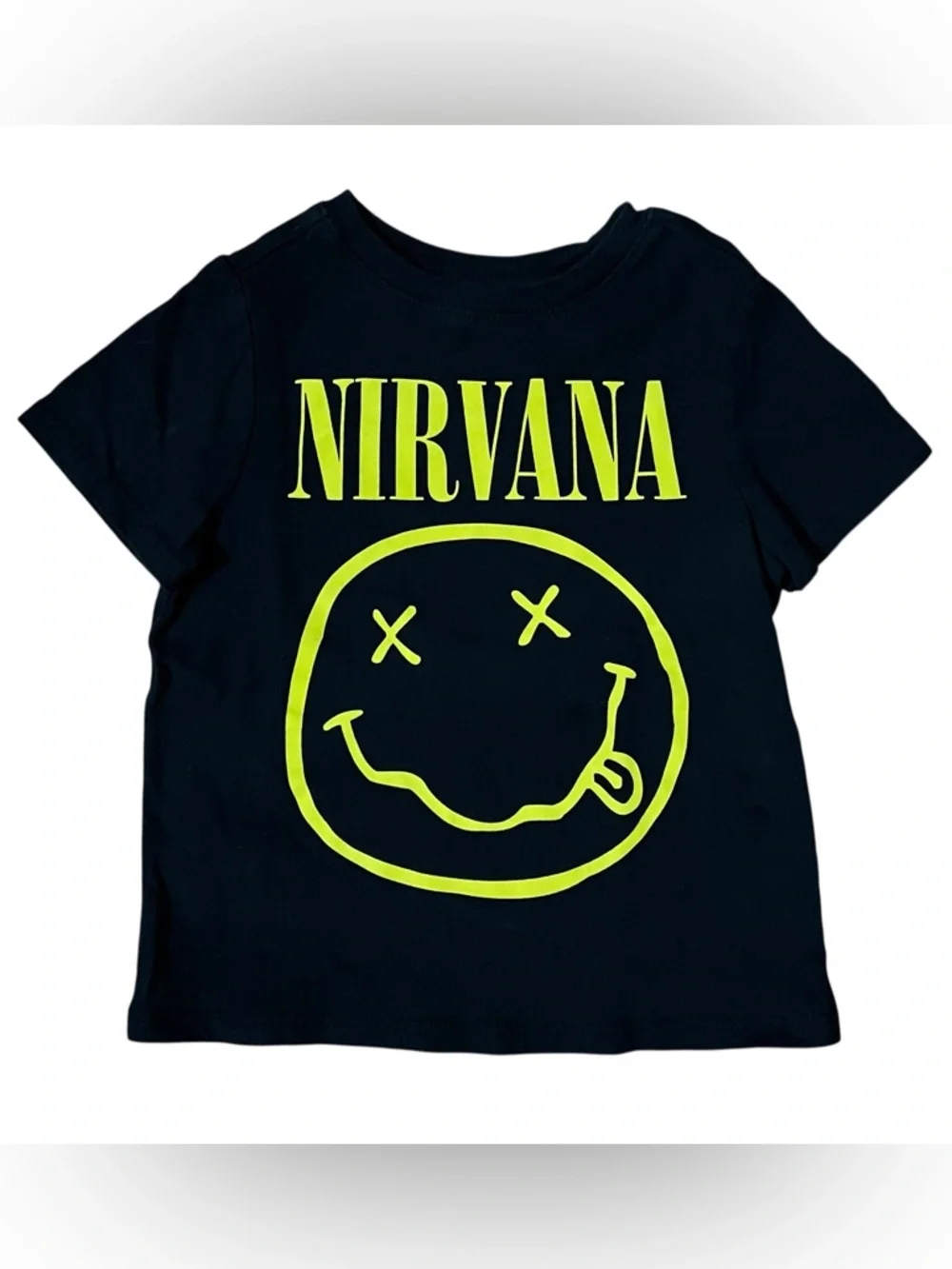 Old Navy Nirvana Smiley Face Band Graphic Tee Shirt Black Neon Green Size 2T